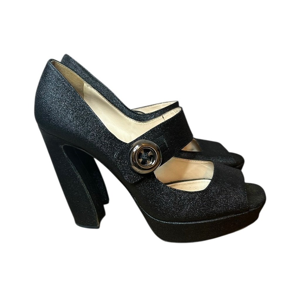 Prada Black Metallic Cloth Platform Mary Jane Heels